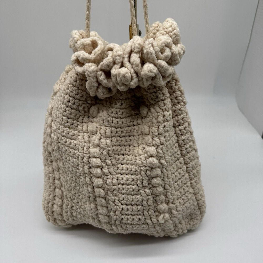 Handmade Crochet Knitted‎ Cream Drawstring Lined Square Bag Purse Wristlet Clean